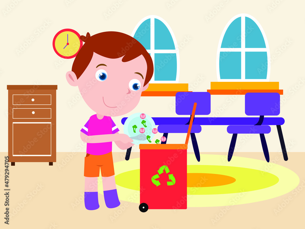Children vector concept: Little boy collecting rubbish to the bin while standing at home