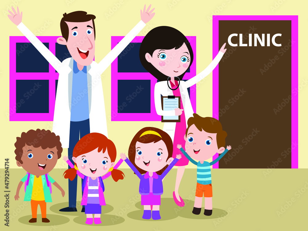 Children vector concept: Group of little children visiting clinic together while standing with young pediatrician Children vector concept: Group of little children visiting clinic together while standing with young pediatrician
