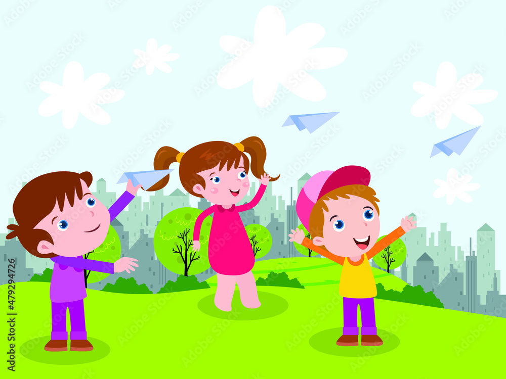 Children vector concept: Group of little children playing paper plane toys together while enjoying playtime in the park