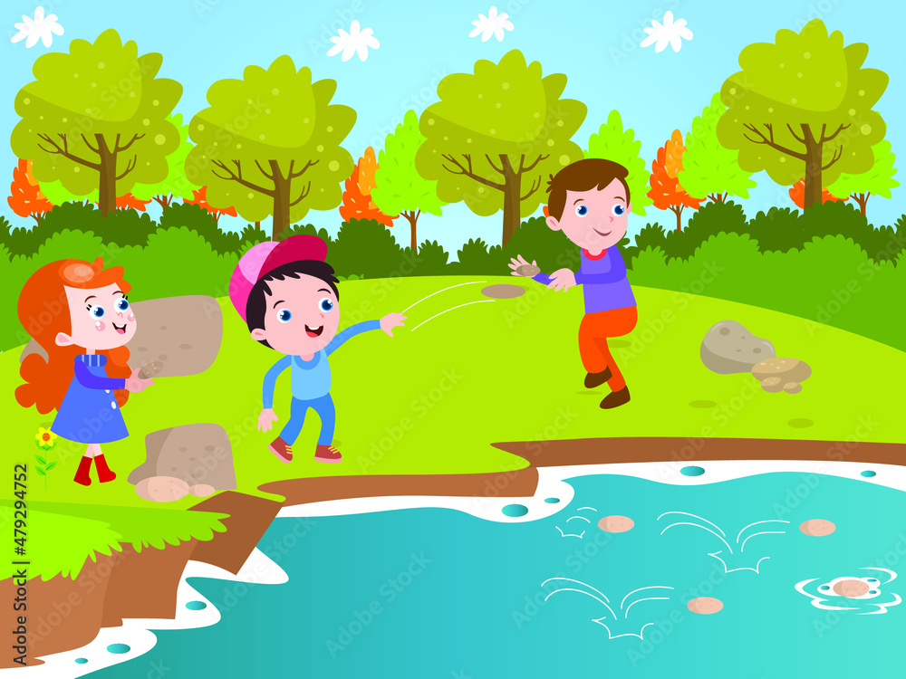 Children vector concept: Group of children playing on the riverside by throwing rock to the river together