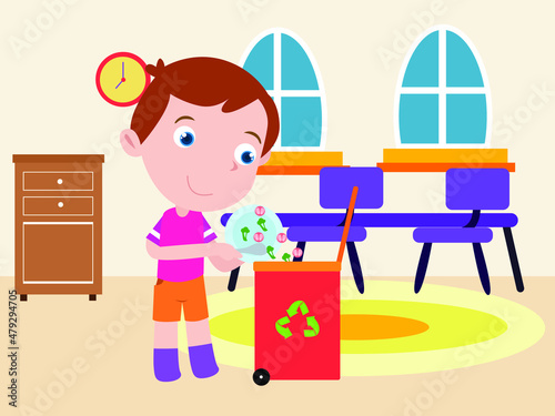 Children vector concept: Little boy collecting rubbish to the bin while standing at home