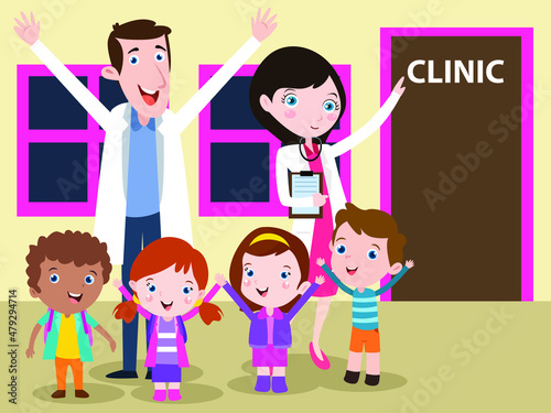 Children vector concept  Group of little children visiting clinic together while standing with young pediatrician