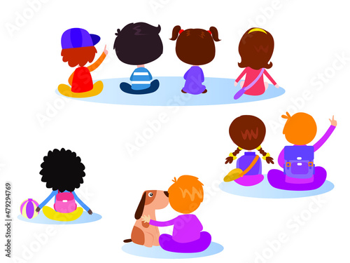 Children vector concept: Back view group of little children sitting together on white background