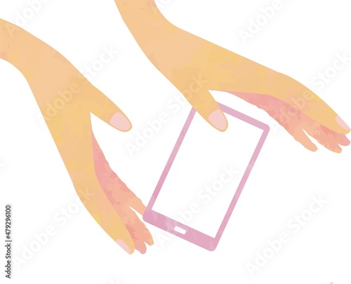 手とスマホ（差し出した両手の間に浮かぶピンクのスマートフォン）