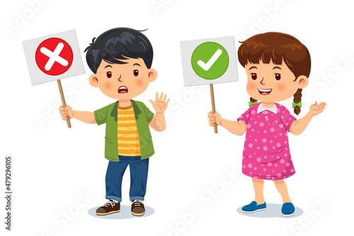 Cute boy and girl standing holding with right and wrong signs. Vector illustration