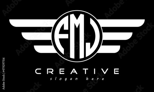 FMJ three letter monogram type circle letter logo with wings vector template. photo