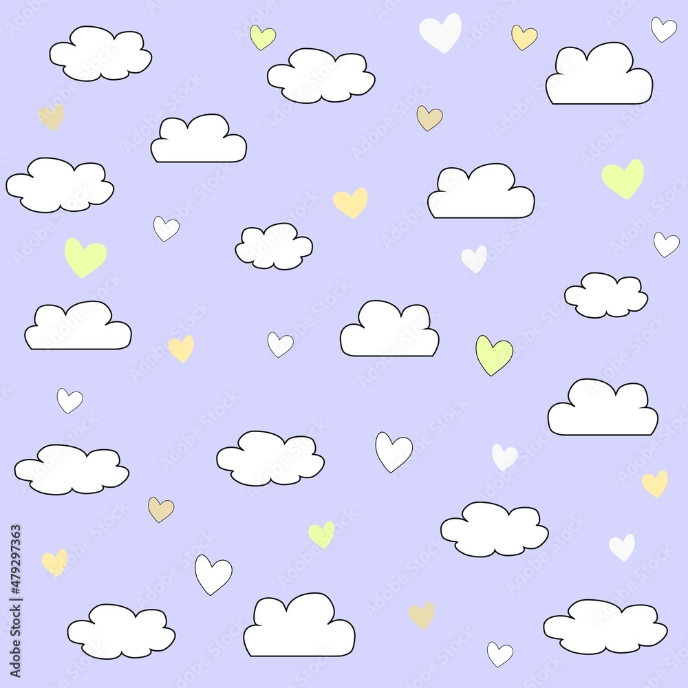 Blue background with clouds and hearts, seamless  clouds pattern vector drawing