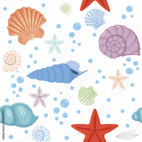 Pattern of seashells of different colors on a white background, vector illustration