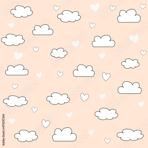 Pink background with clouds and hearts, seamless  clouds pattern vector drawing
