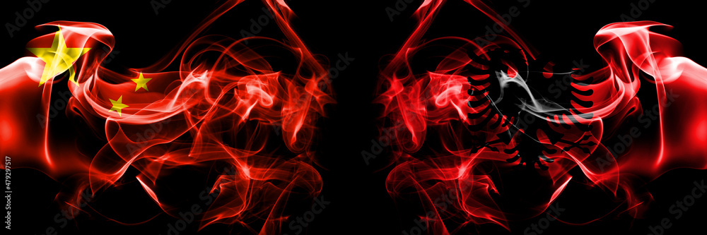Flags of China, Chinese vs Albania, Albanian. Smoke flag placed side by side on black background. Flags of China, Chinese vs Albania, Albanian. Smoke flag placed side by side on black background.