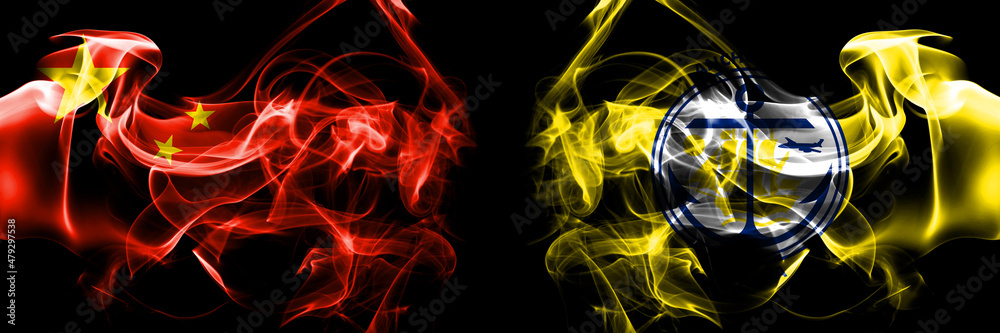 Flags of China, Chinese vs Anchorage, Alaska. Smoke flag placed side by side on black background. Flags of China, Chinese vs Anchorage, Alaska. Smoke flag placed side by side on black background.