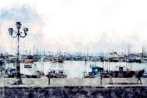 Canvas Print Watercolor painting of the embankment on the island of AEGINA, GREECE