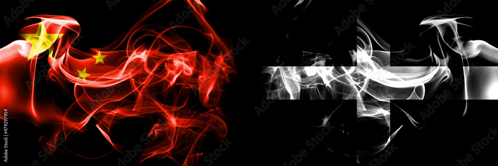Flags of China, Chinese vs England, UK, Cornwall, Saint Piran. Smoke flag placed side by side on black background. Flags of China, Chinese vs England, UK, Cornwall, Saint Piran. Smoke flag placed side by side on black background.