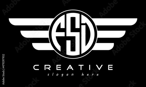 FSD three letter monogram type circle letter logo with wings vector template. photo