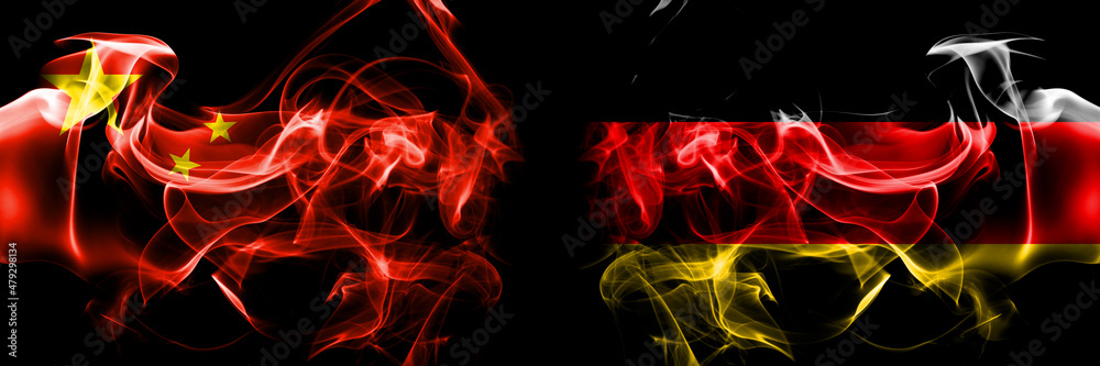 Flags of China, Chinese vs Germany, German, Deutschland. Smoke flag placed side by side on black background. Flags of China, Chinese vs Germany, German, Deutschland. Smoke flag placed side by side on black background.