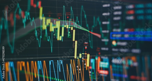 Technical price graph and indicator, red and green candlestick chart on blue theme screen, market volatility, up and down trend. Stock trading, crypto currency background.