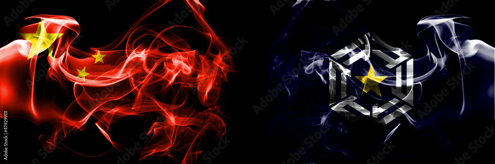 Flags of China, Chinese vs Japan, Japanese, Omu, Hokkaido, Okhotsk, Subprefecture. Smoke flag placed side by side on black background. Flags of China, Chinese vs Japan, Japanese, Omu, Hokkaido, Okhotsk, Subprefecture. Smoke flag placed side by side on black background.