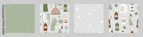 Eco cleaning supplies seamless pattern collection. Hands in gloves, brush and organic detergent bottles. Flat illustration of zero waste housekeeping products for professional cleanup.