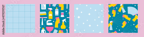 Cleaning supplies seamless pattern collection. Hands in gloves, brush and detergent bottles. Flat illustration of housekeeping products for professional cleanup. Gingham and shine background.