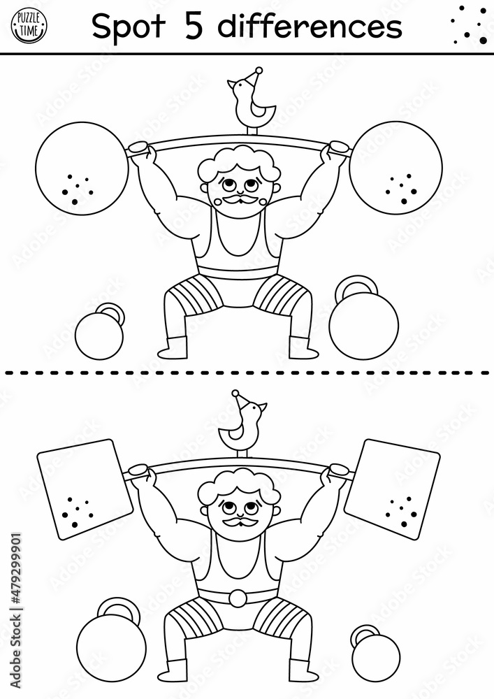 Circus black and white find differences game. Educational activity with strongman lifting weights. Amusement show line puzzle for kids with funny athlete. Festival printable coloring page. Circus black and white find differences game. Educational activity with strongman lifting weights. Amusement show line puzzle for kids with funny athlete. Festival printable coloring page.