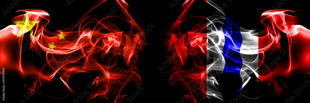 Flags of China, Chinese vs Russia, Russian, Omsk Oblast. Smoke flag placed side by side on black background. Flags of China, Chinese vs Russia, Russian, Omsk Oblast. Smoke flag placed side by side on black background.