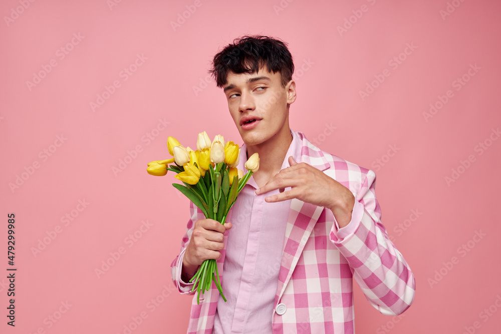 in a pink plaid jacket a bouquet of flowers romance in a pink plaid jacket a bouquet of flowers romance