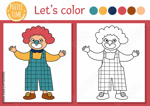 Circus coloring page for children with clown. Vector amusement show outline illustration with cute stage performer. Color book for kids with colored example. Drawing skills printable worksheet.