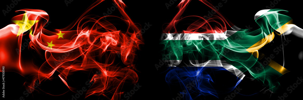 Flags of China, Chinese vs South Africa, African. Smoke flag placed side by side on black background. Flags of China, Chinese vs South Africa, African. Smoke flag placed side by side on black background.