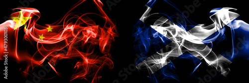 Flags of China, Chinese vs Scotland, Scottish, Scots. Smoke flag placed side by side on black background.