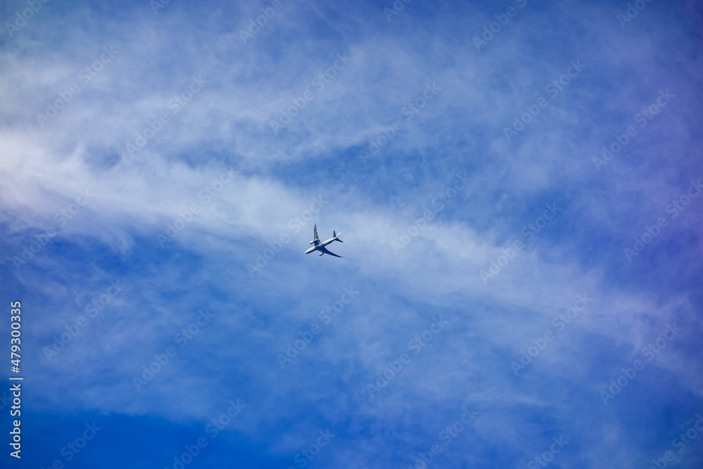 Blue sky, clouds and airplane