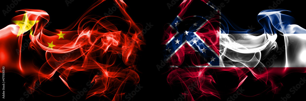 Flags of China, Chinese vs United States of America, America, US, USA, American, Mississippi. Smoke flag placed side by side on black background.