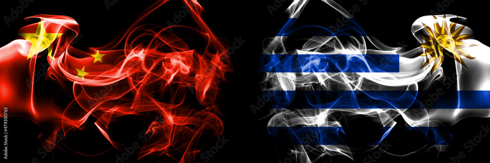 Fototapeta premium Flags of China, Chinese vs Uruguay, Uruguayan. Smoke flag placed side by side on black background.