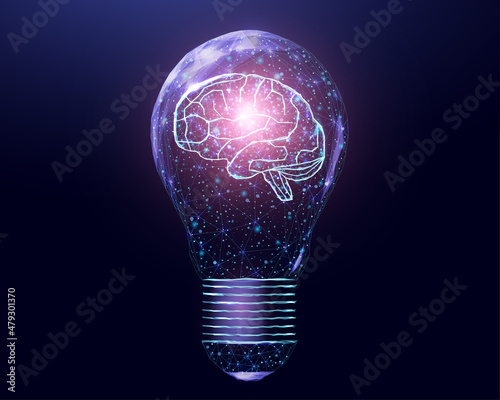 Wireframe polygonal human brain in a lightbulb. Business idea, brainstorming concept with glowing low poly bulb. Futuristic modern abstract background. Vector illustration