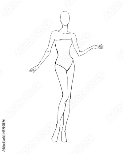 Sketch of the female body. Girl model. Front and back view. Female body template for drawing clothes. You can print and draw directly on the thumbnails. Fashion Illustration.
