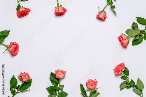 Frame made of fresh pink roses on white background. Beautiful floral greeting card for Valentine's, women's or mother's day. Mock up, flat lay, top view, copy space