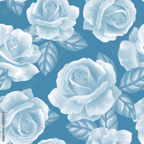Blue monochrome seamless pattern of rose flowers