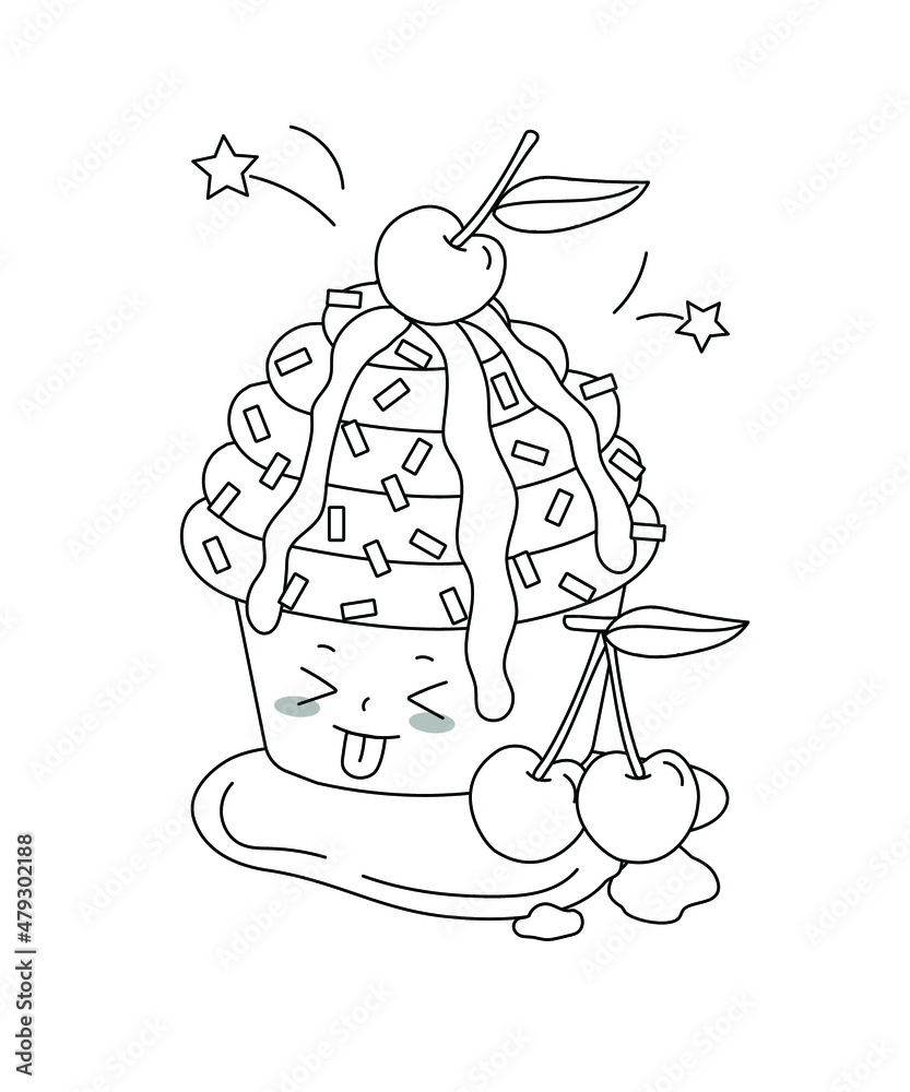 Naklejka premium Kawaii cherry cupcake illustration for kids coloring book