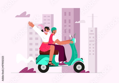 Young couple girl and a guy having fun riding a Man riding vintage scooter. Flat vector illustration, city landscape