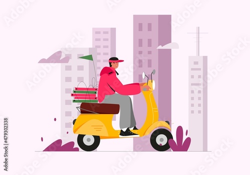 Man riding scooter  concept of food delivery service  courier delivering pizza from restaurant. Flat vector illustration  city landscape