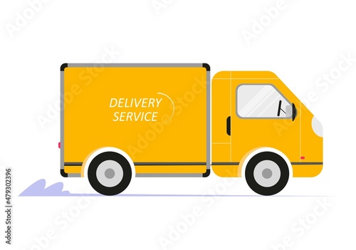 Yellow delivery truck, delivery service and shipping concept. Flat vector illustration