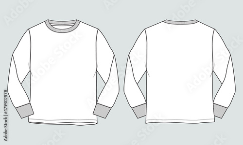 Long sleeve T shirt overall technical fashion flat sketch vector Illustration template front and back views isolated on Grey background. Basic apparel Design Mock up for Men's, Kids and boys. 