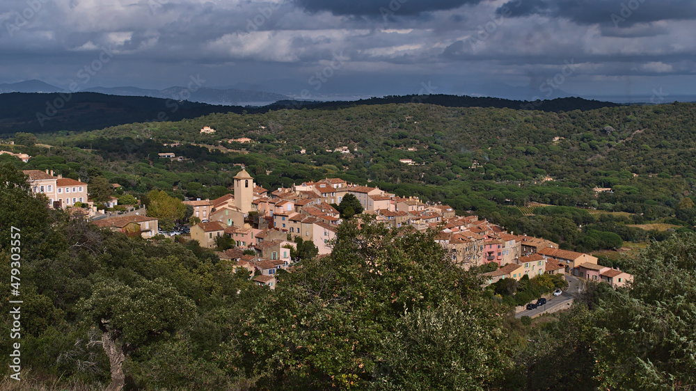 Beautiful view of the historic center of small village Ramatuelle, France, located on a hill at the French Riviera, on cloudy day in autumn season.