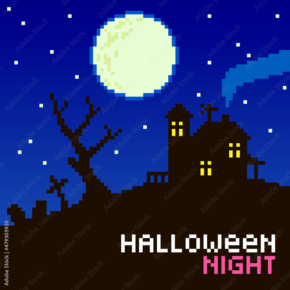 colorful simple vector flat pixel art illustration of cartoon dark silhouette of a house with glowing windows with a dry tree and tombstones and a cross under a full moon and an text halloween night