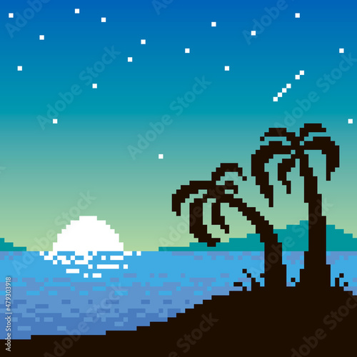 colorful simple vector flat pixel art illustration of cartoon dark silhouette of two palm trees against the background of the sea and a sunset or dawn sky with stars and a shooting star