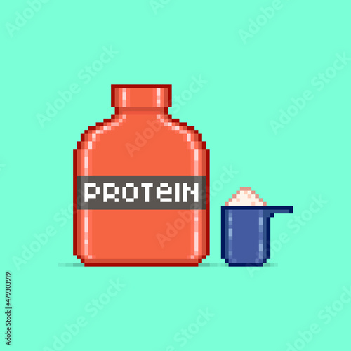 colorful simple vector flat pixel art illustration of cartoon red protein can and scoop of powder