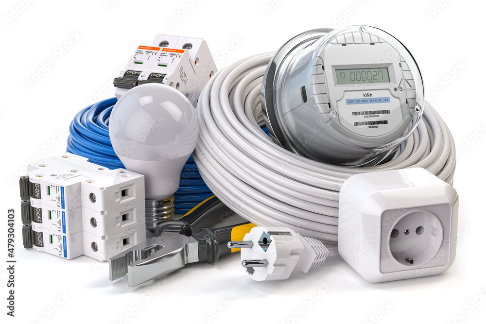 Electrical component and equipment. CIrcuit breaker, electric meter, cables, light bulb isolated