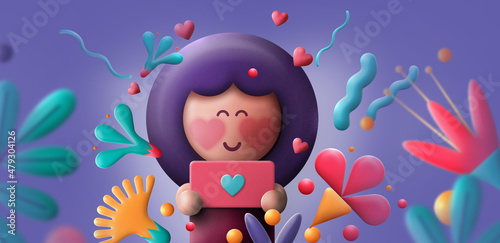 Love theme background. Happy Valentine s Day. Mother s day. 3d girl character in modern style. Romantic 3d illustrations.