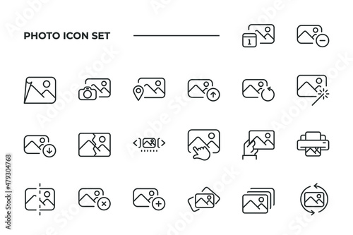 simple set of Photo vector icons with editable line styles covering broken photos, camera photos, download photos and other. isolated on white background. 