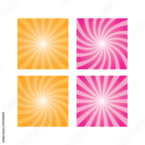 Set Of Pink And Orange Sunburst Pattern Background. Rays. Radial. Summer Banner. Twist. Vector Illustration © Wasin