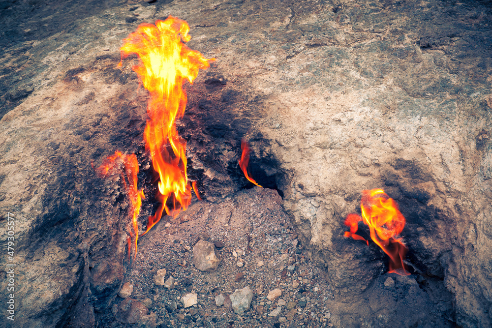 Fototapeta premium Forever burning fire of mount Chimaera. Yanartaş, Antalya Province, Turkey